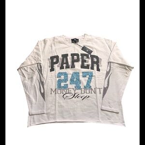 Paper Money Long Sleeve Rhinestone Thermal Layered “Money Don’t Sleep” T-Shirt